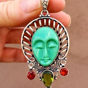 New Goddess Face Peridot and Garnet 925 Silver Pendant.